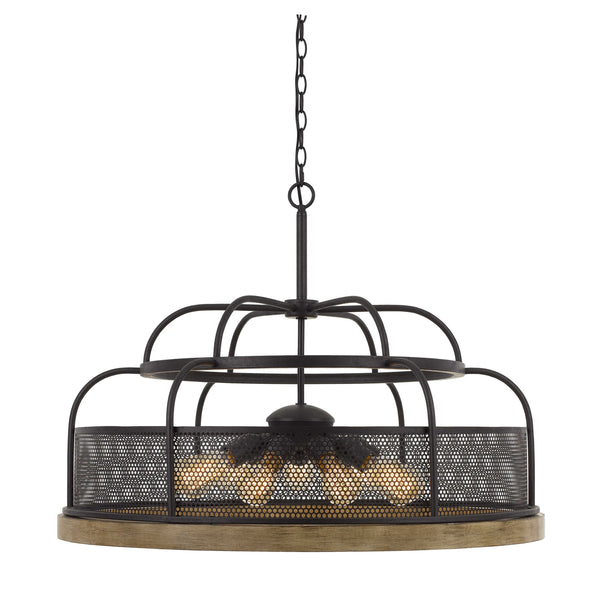 9 Bulb Chandelier With Wooden And Perforated Metal Frame Black And Brown