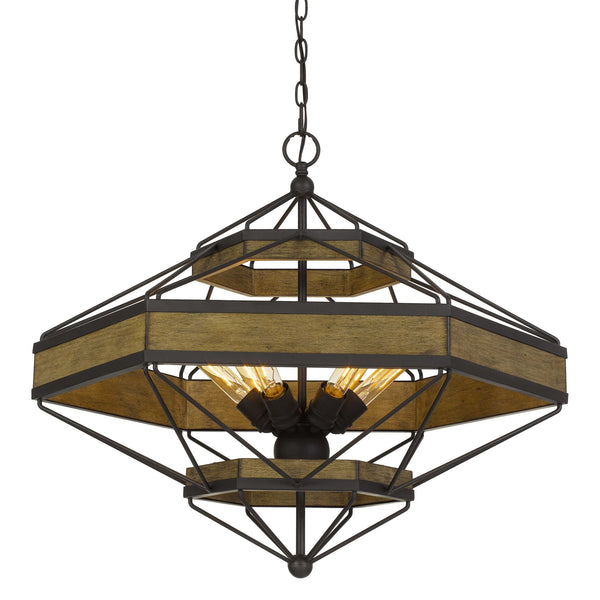 6 Bulb Chandelier With Hexagonal Metal And Wooden Frame Brown And Bronze