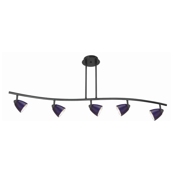 5 Light 120V Metal Track Light Fixture with Glass Shade Black and Blue