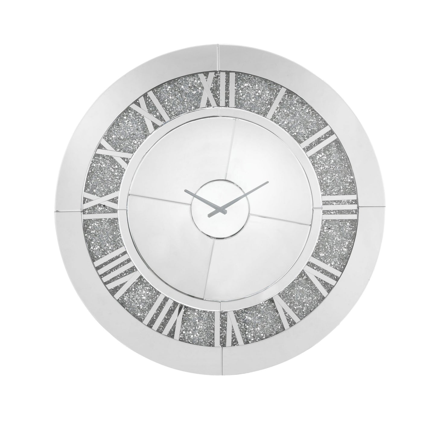 Round Beveled Mirror Frame Wall Clock With Faux Diamond Inlay Silver