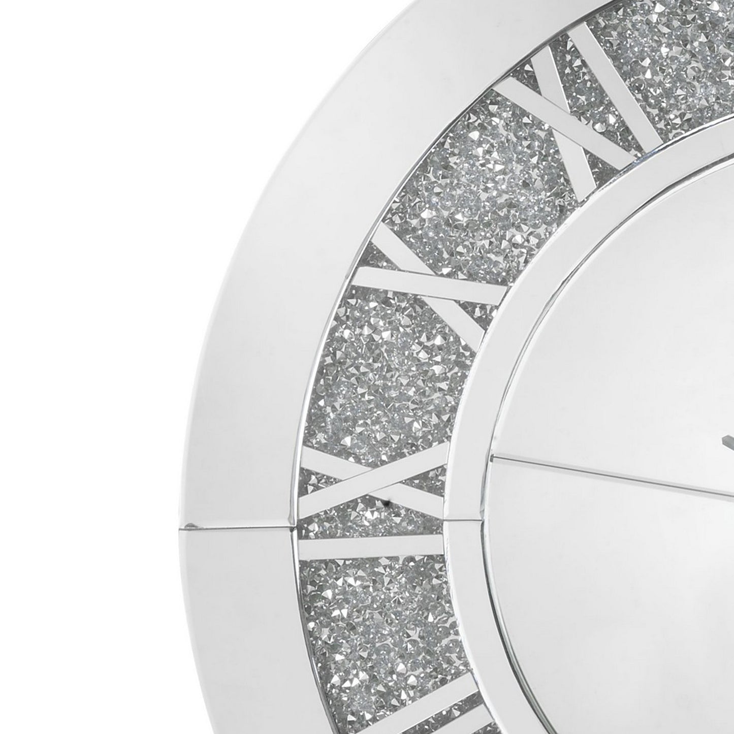Round Beveled Mirror Frame Wall Clock With Faux Diamond Inlay Silver
