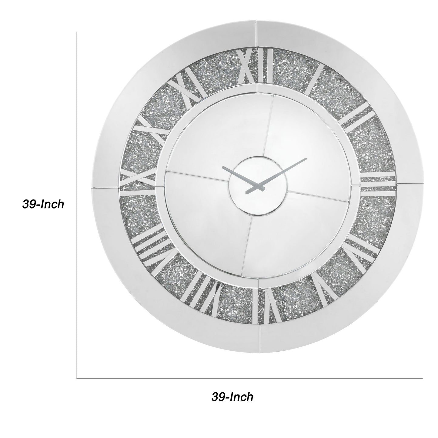 Round Beveled Mirror Frame Wall Clock With Faux Diamond Inlay Silver