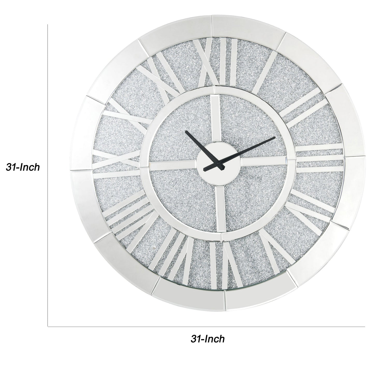 Mirror Panel Frame Wall Clock With Crushed Faux Diamond Inlay Silver