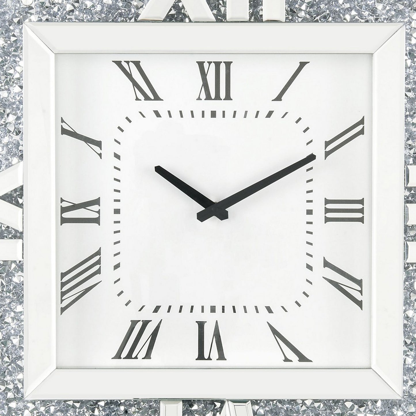 Square Mirror Panel Frame Wall Clock With Faux Diamond Silver
