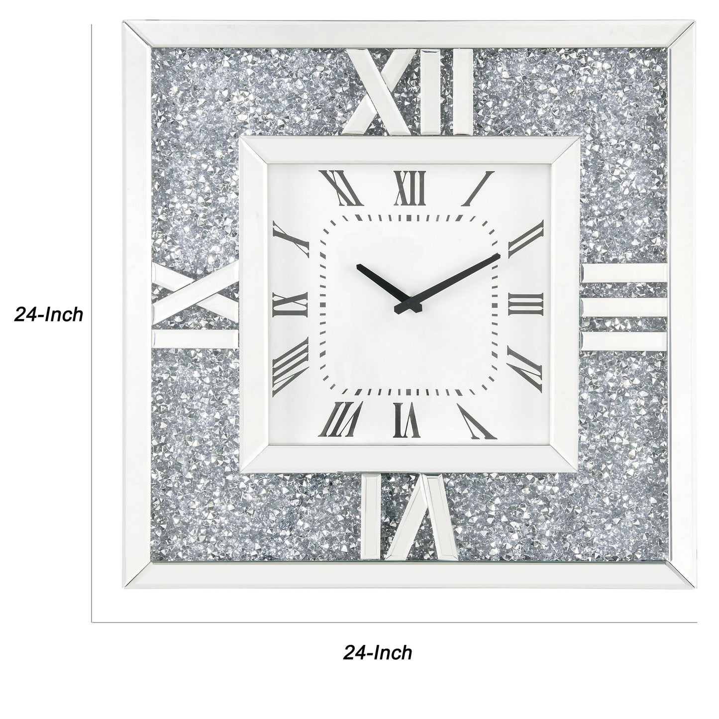Square Mirror Panel Frame Wall Clock With Faux Diamond Silver