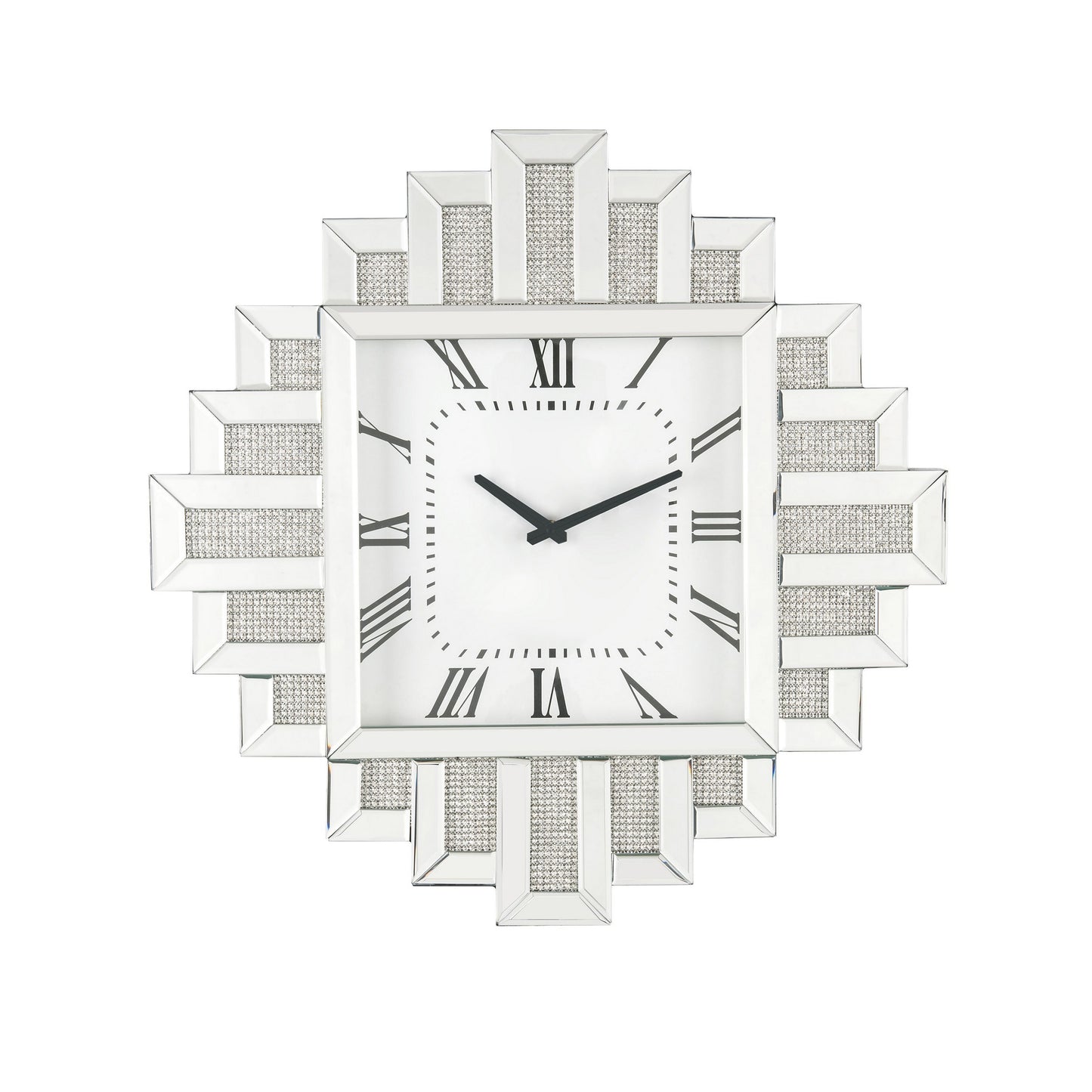 Irregular Mirror Frame Wall Clock With Crushed Faux Diamond Inlay Silver