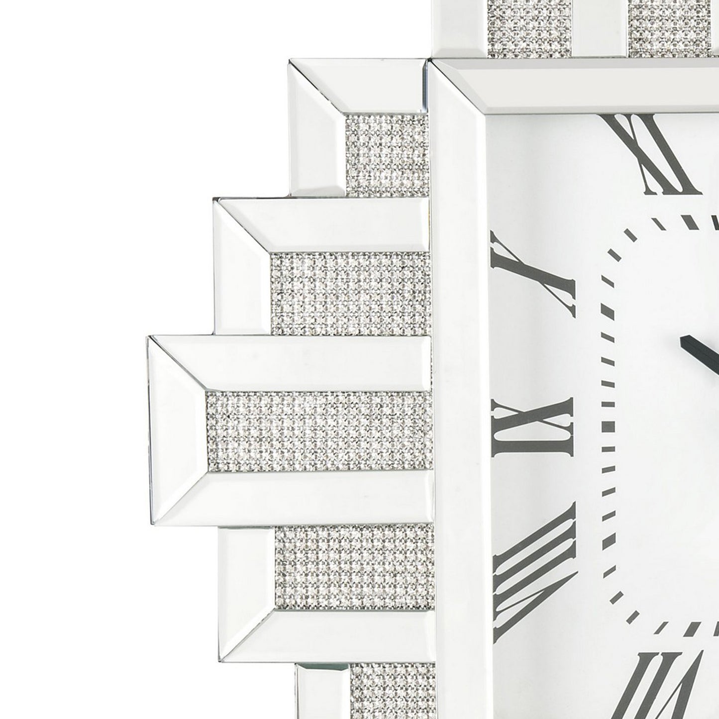 Irregular Mirror Frame Wall Clock With Crushed Faux Diamond Inlay Silver
