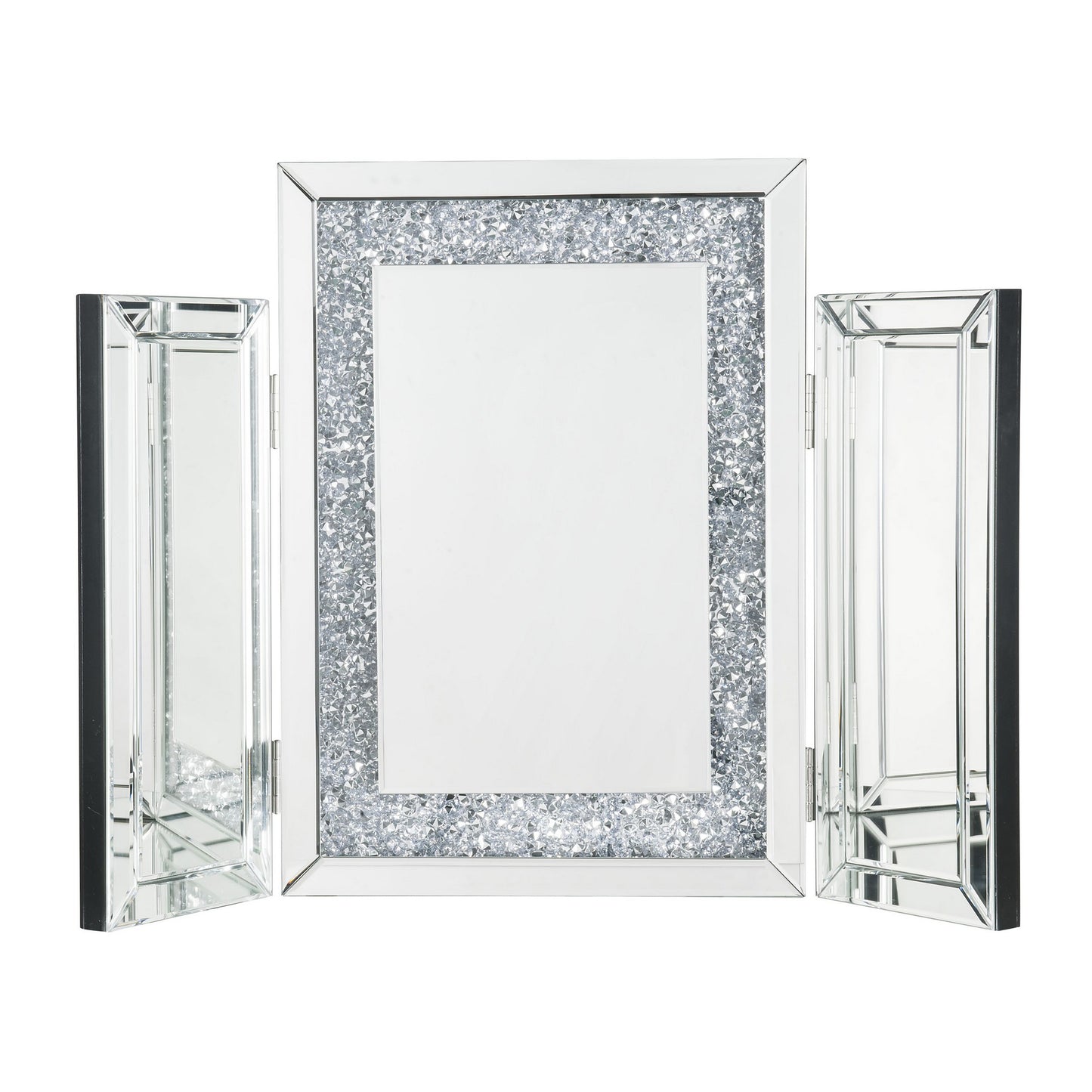Tri Fold Mirror Panel Frame Accent Decor With Faux Diamond Silver