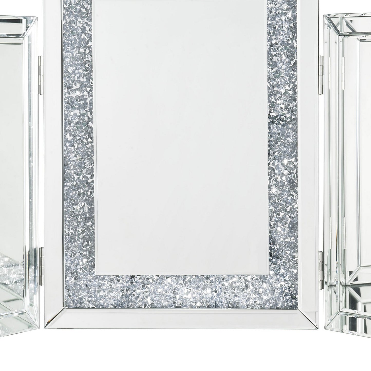 Tri Fold Mirror Panel Frame Accent Decor With Faux Diamond Silver