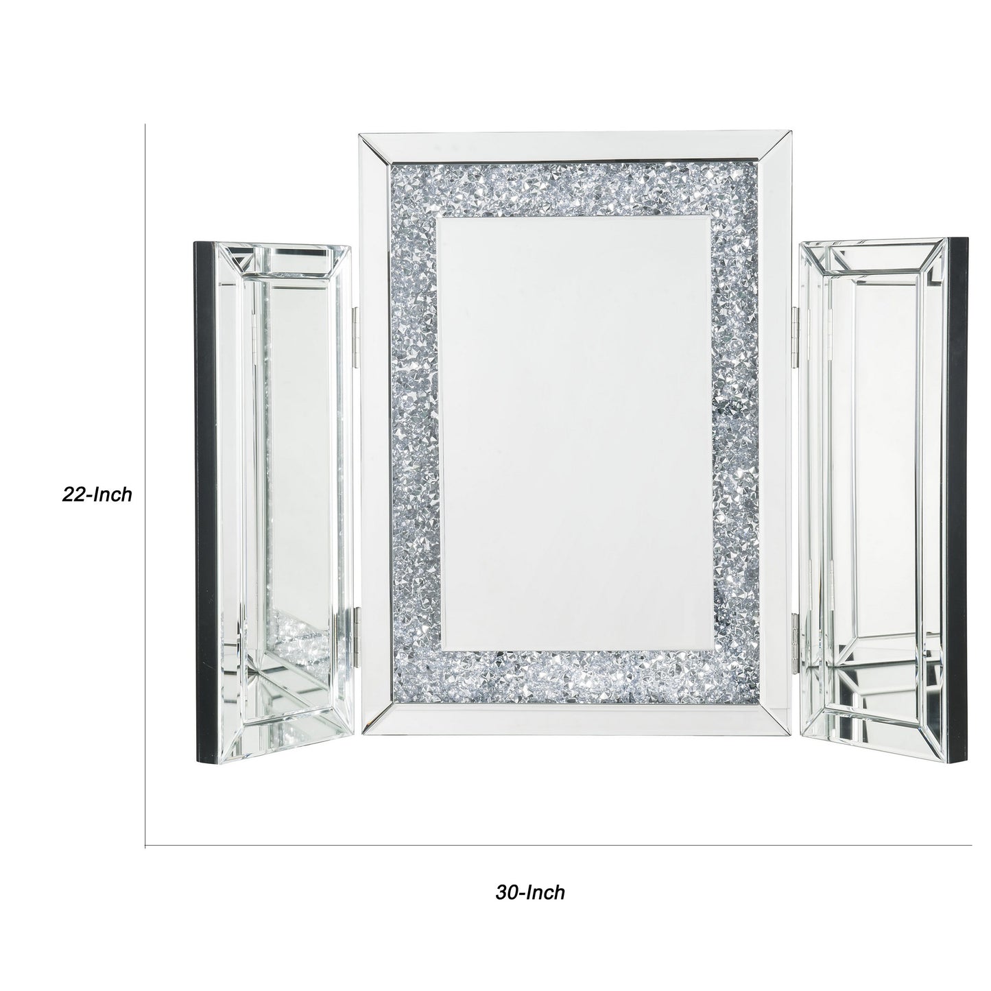 Tri Fold Mirror Panel Frame Accent Decor With Faux Diamond Silver