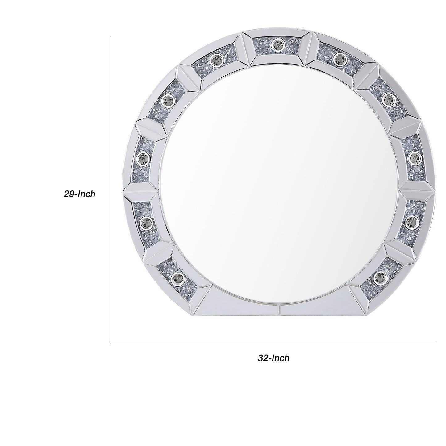 Round Mirror Panel Wall Decor With Light Function And Faux Diamond Silver
