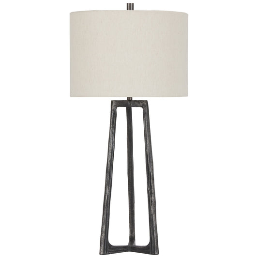 Hammered Tubular Metal Table Lamp with Fabric Drum Shade Gray and White