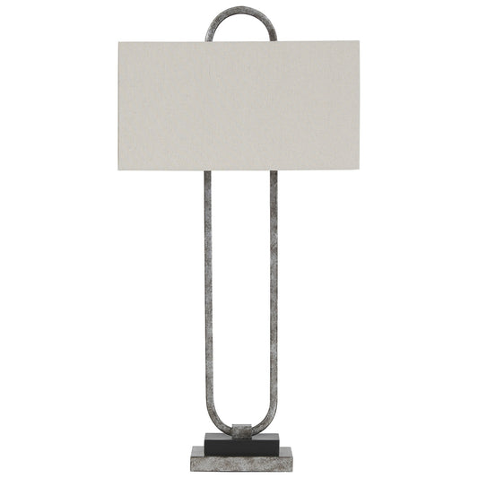 Open Capsule Metal Body Table Lamp with Fabric Drum Shade Gray and White