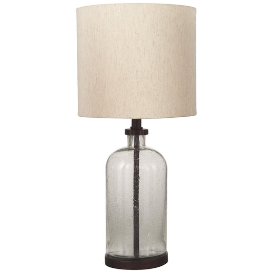 Cylindrical Seeded Glass Table Lamp with Fabric Drum Shade Beige and Clear
