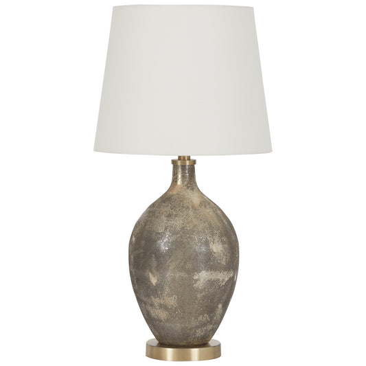 Pot Bellied Glass Table Lamp with Fabric Shade Antique Brass and White