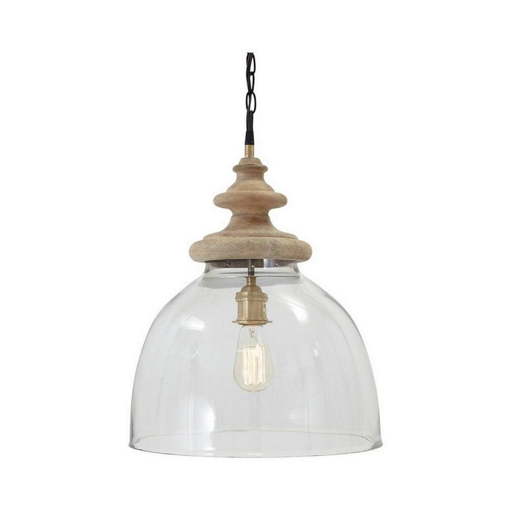 Glass Dome Pendant Light With Wood Finial Crown Top Brown And Clear