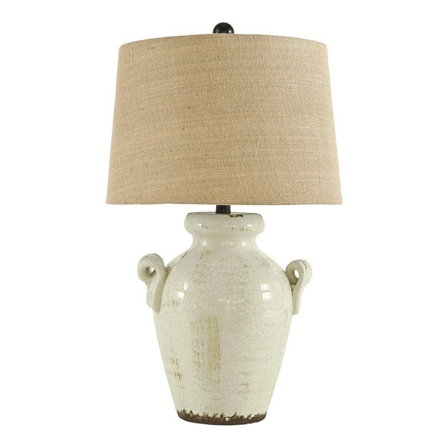 Ceramic Table Lamp with Vase Shaped Body and Fabric Shade White and Beige