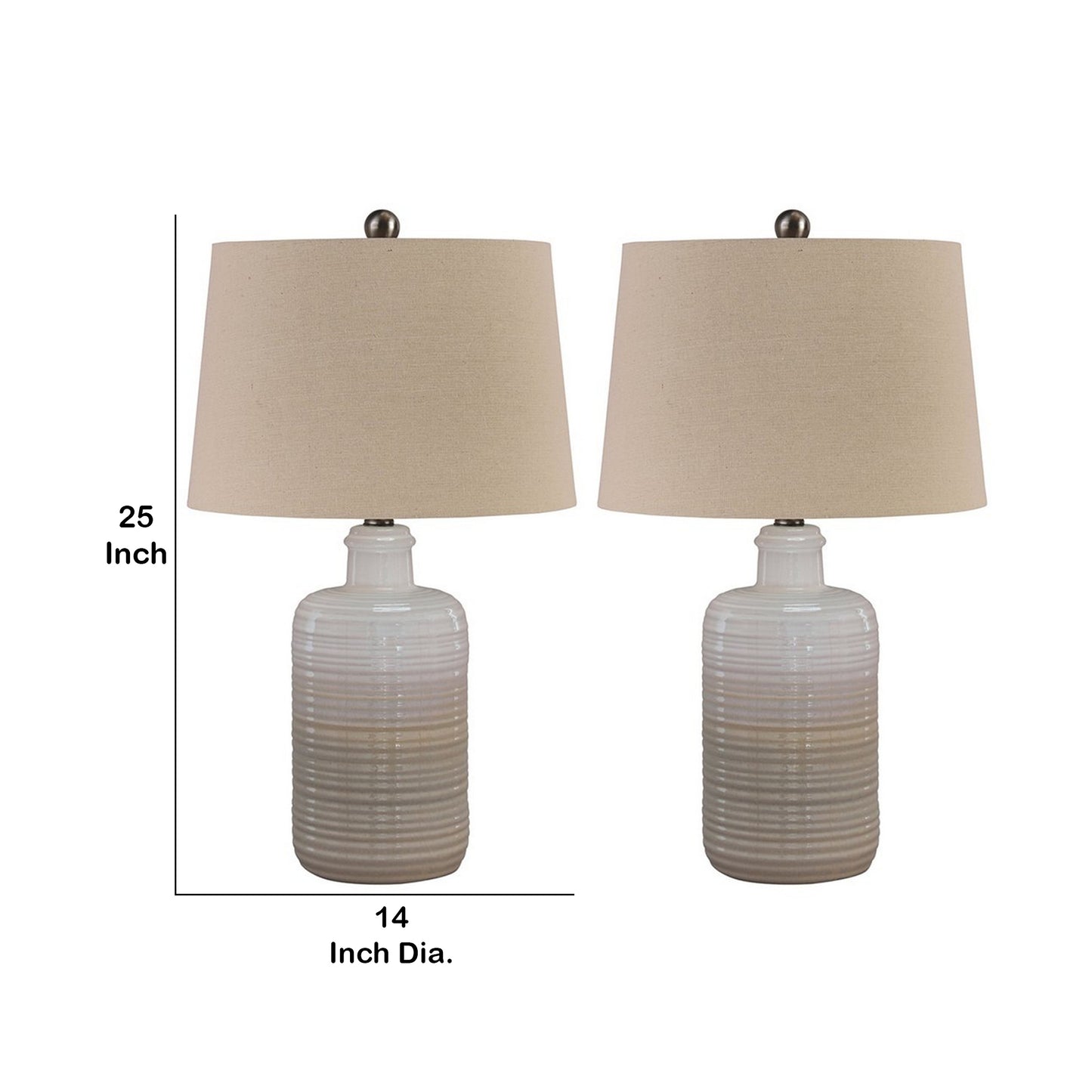 Ceramic Body Table Lamp with Brushed Details Set of 2 Beige and White