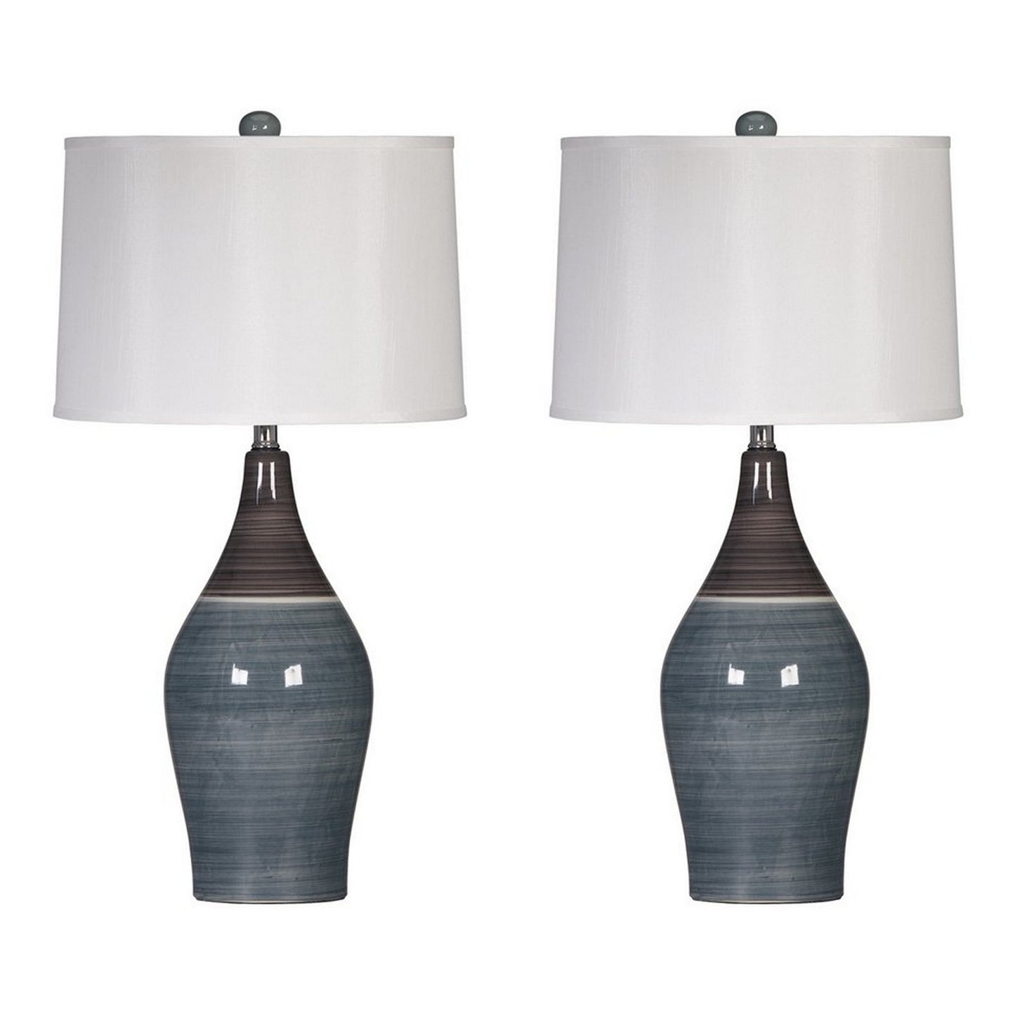 Pot Bellied Ceramic Table Lamp with Brushed Details Set of 2 Gray and White