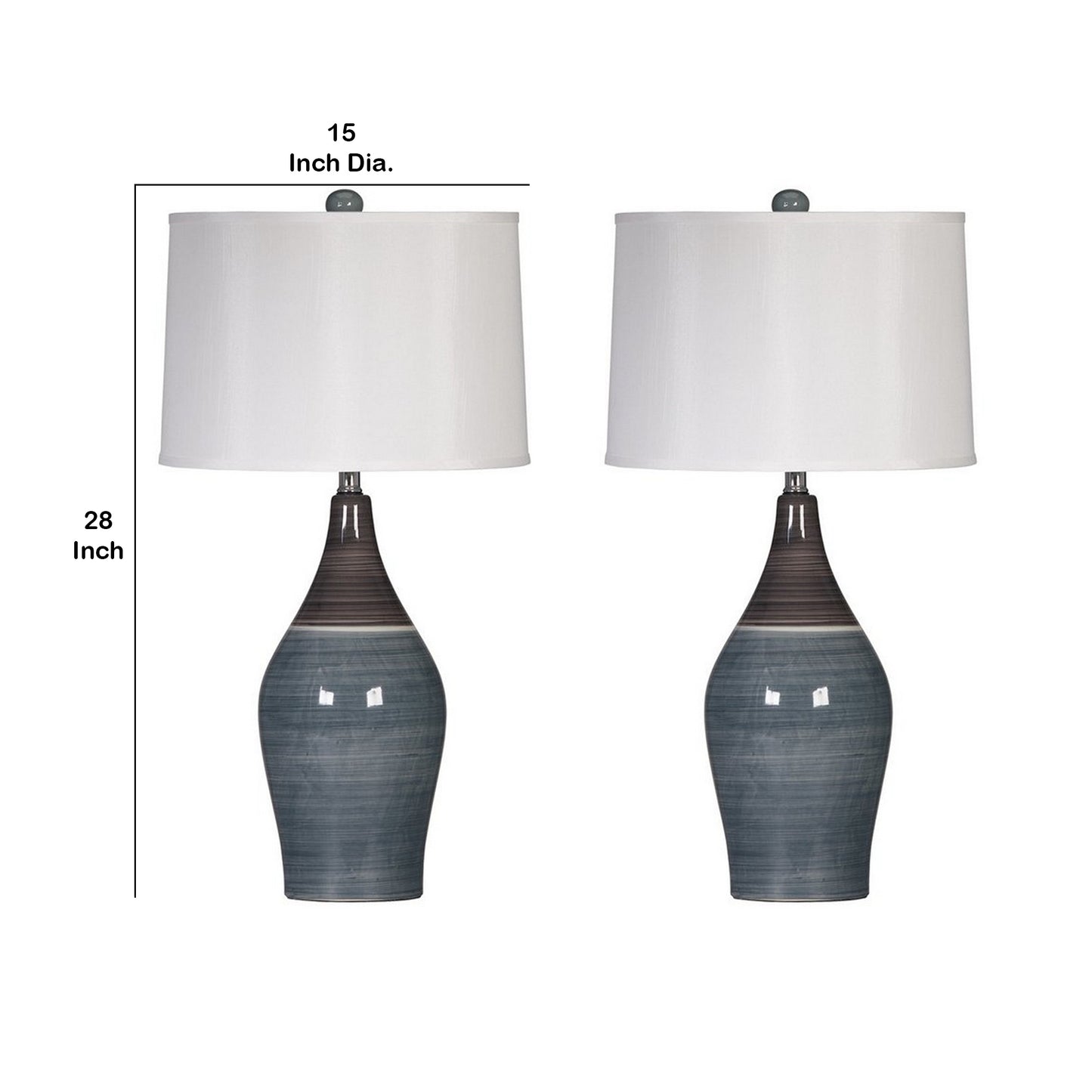 Pot Bellied Ceramic Table Lamp with Brushed Details Set of 2 Gray and White