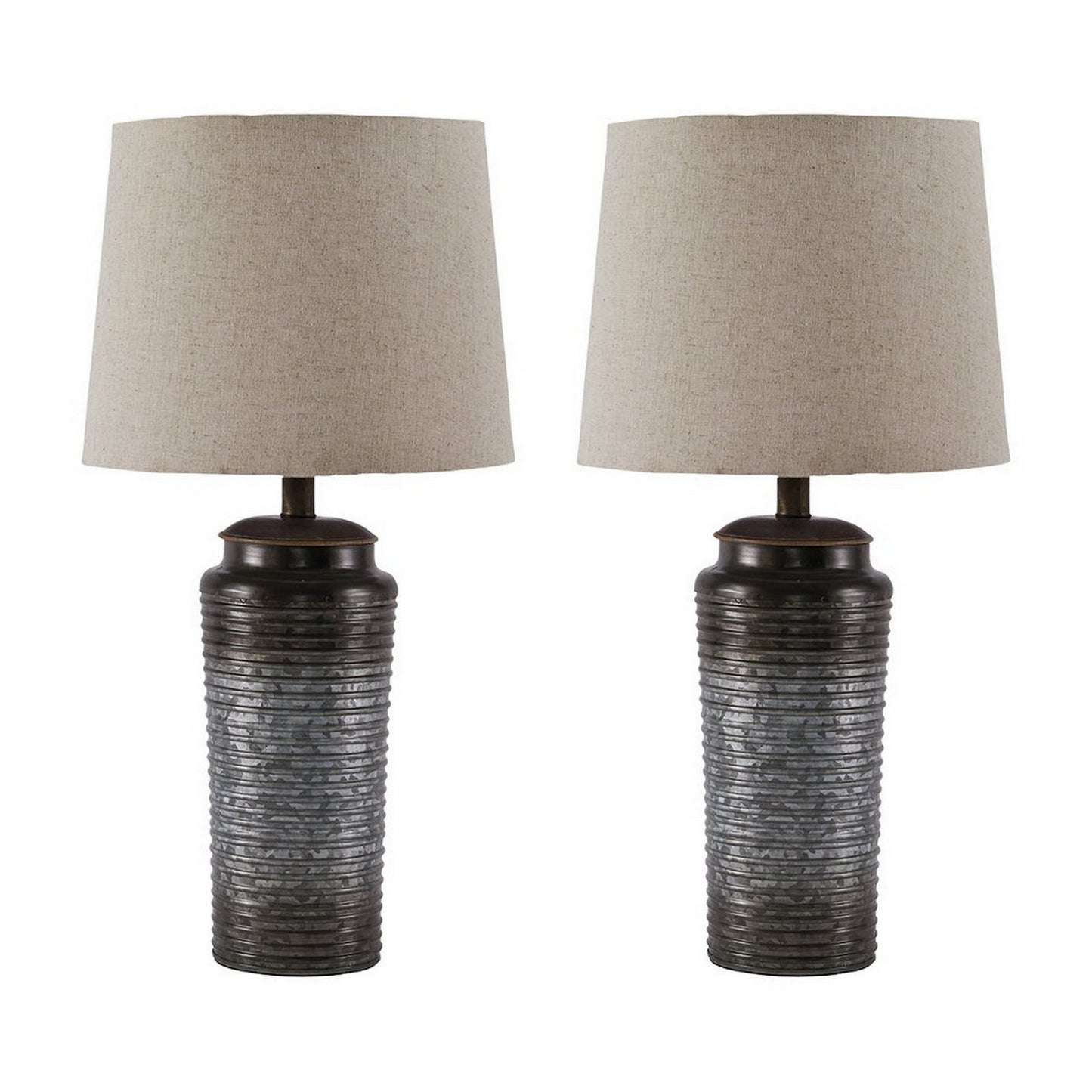 Ribbed Design Metal Body Table Lamp with Tapered Fabric Shade Set of 2 Gray