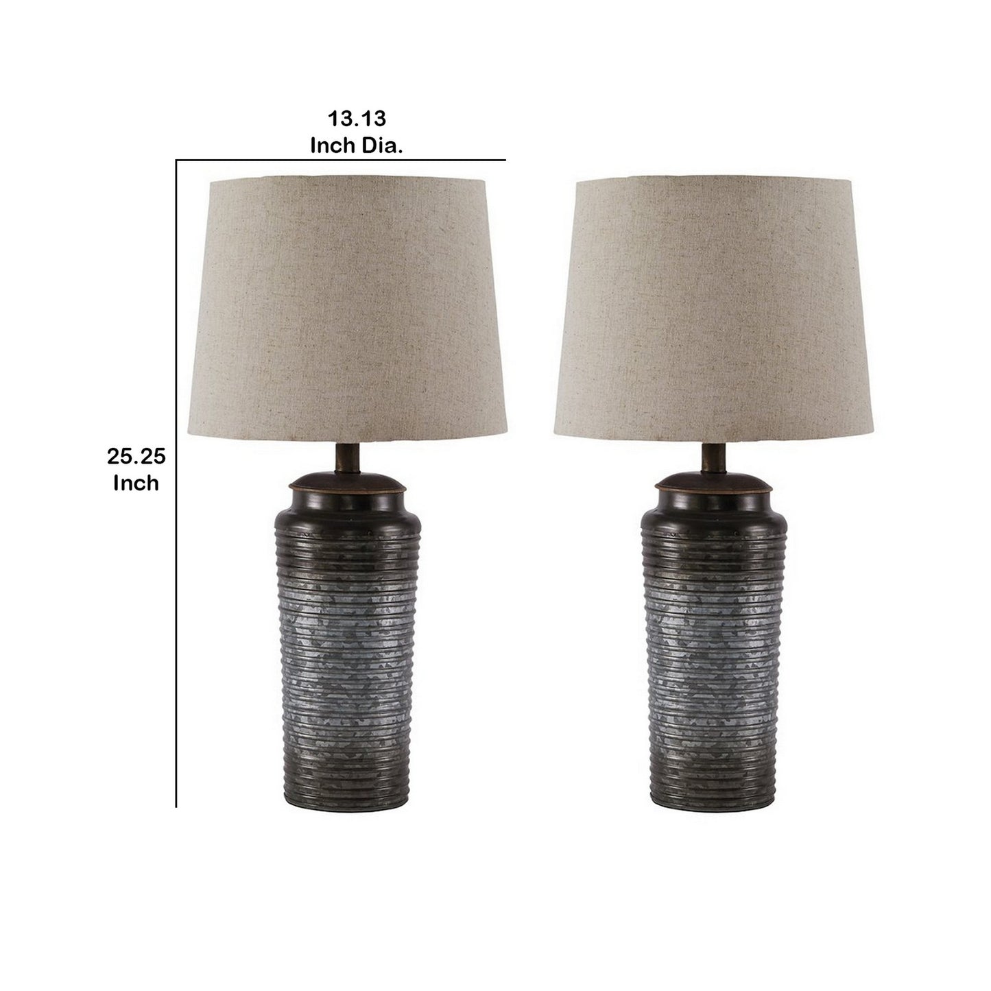 Ribbed Design Metal Body Table Lamp with Tapered Fabric Shade Set of 2 Gray