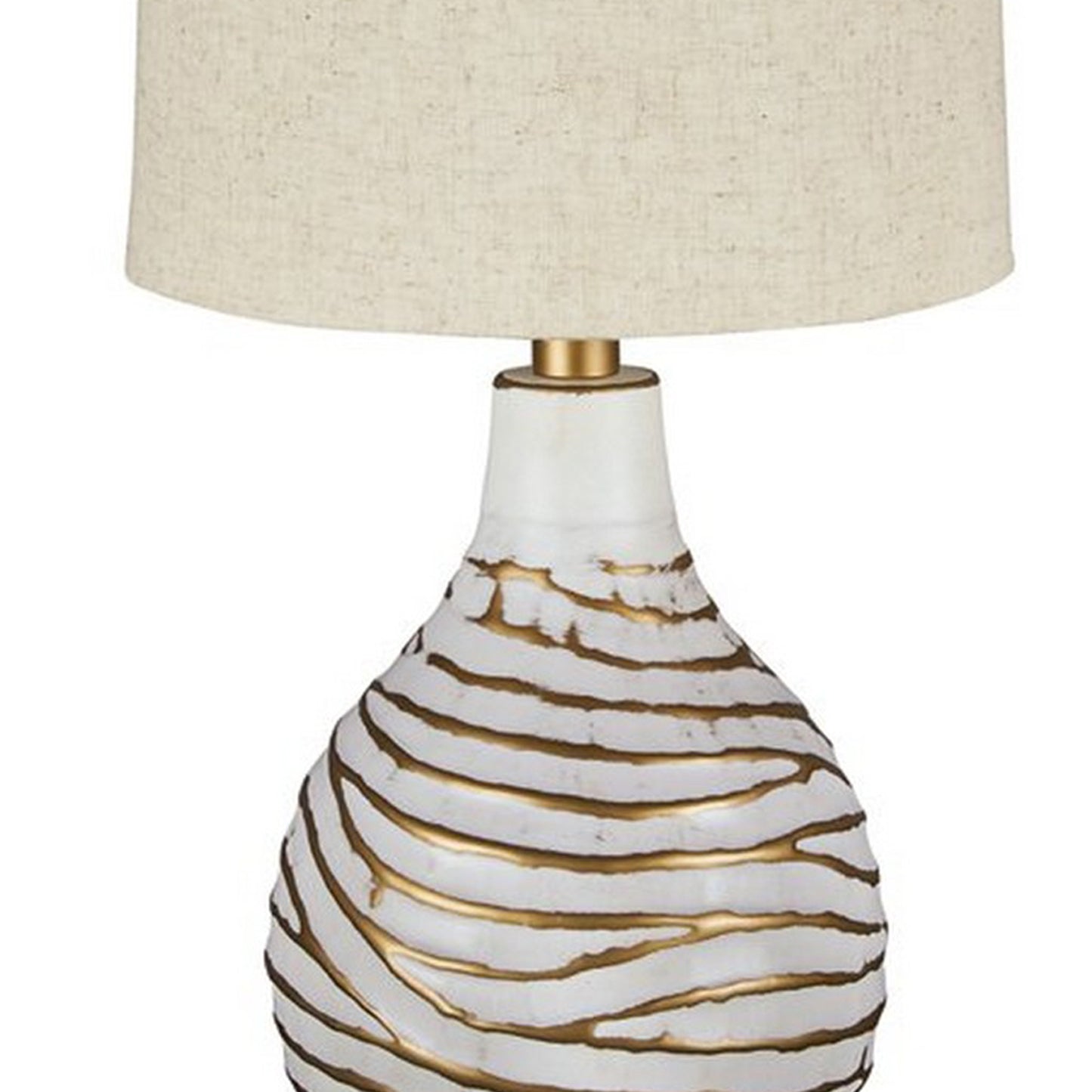 Pot Bellied Metal Table Lamp with Textured Golden Embellishment White
