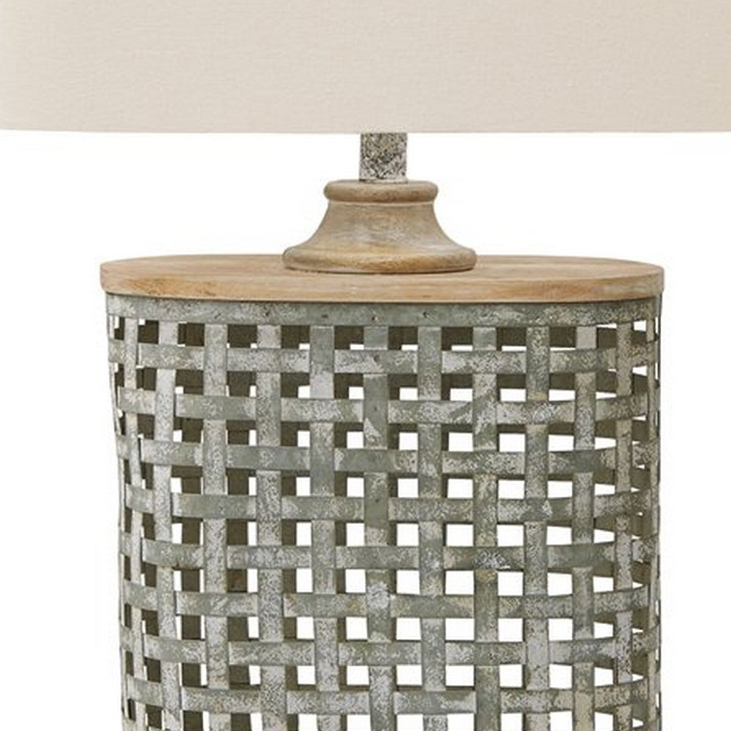 Metal Table Lamp with Lattice Design Body and Hardback Shade Gray and Beige