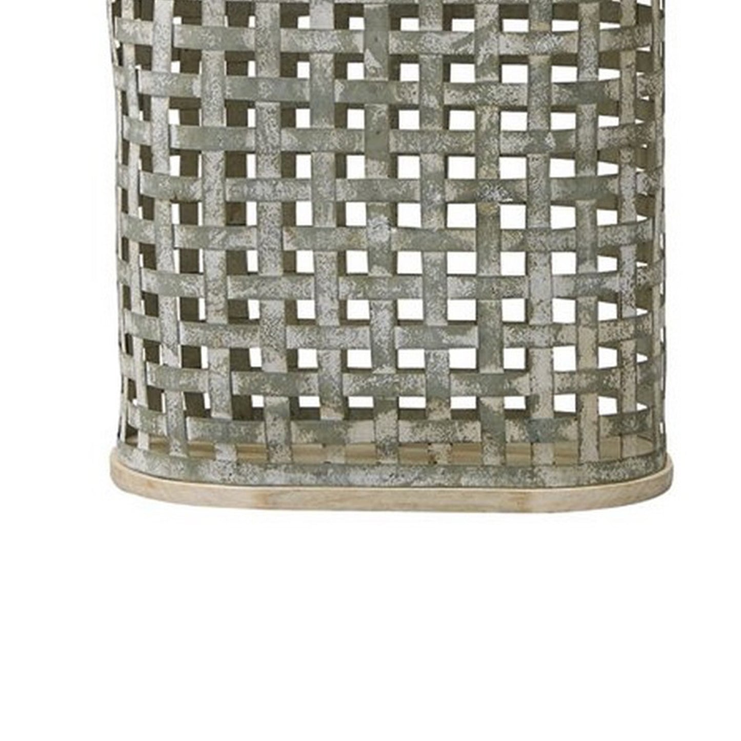 Metal Table Lamp with Lattice Design Body and Hardback Shade Gray and Beige