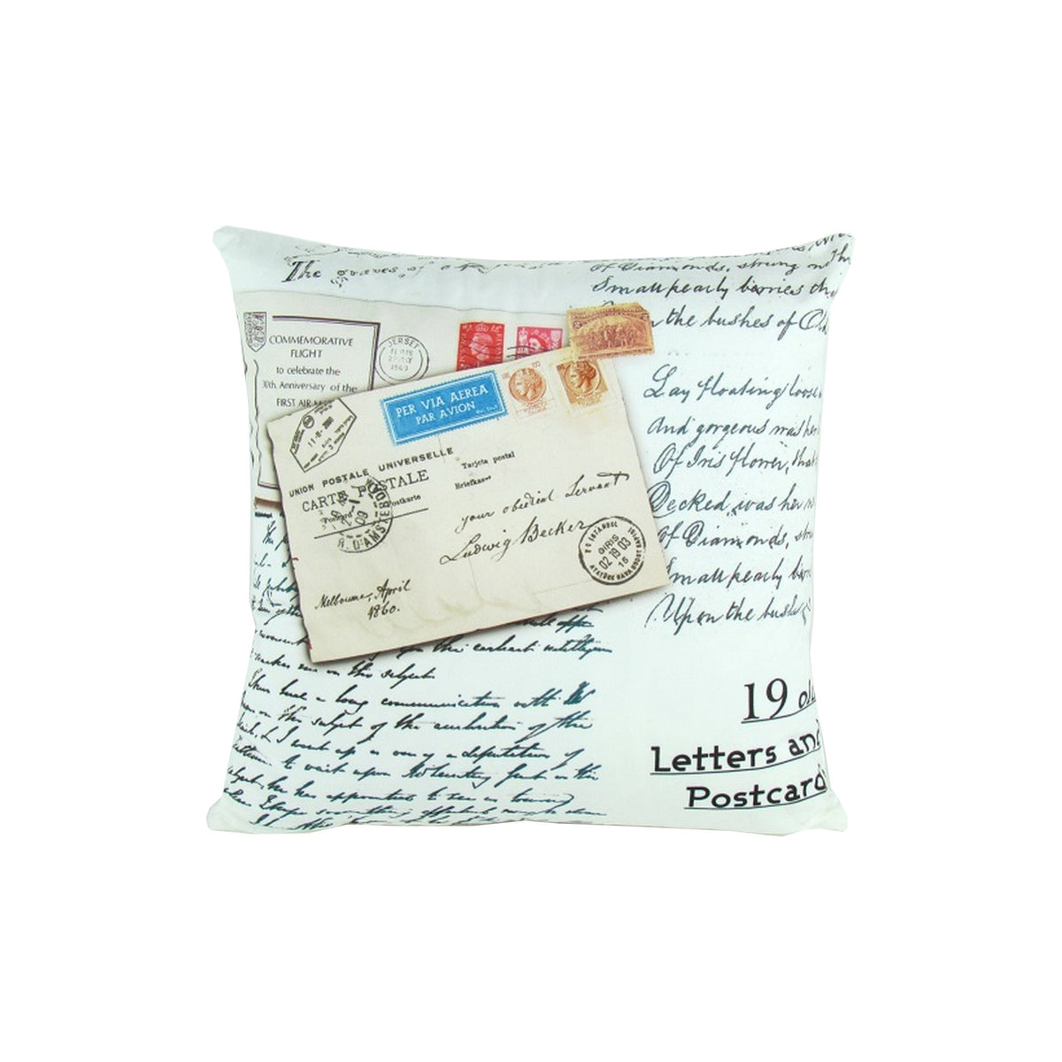 Fabric Decorative Pillow With Postcard Prints White