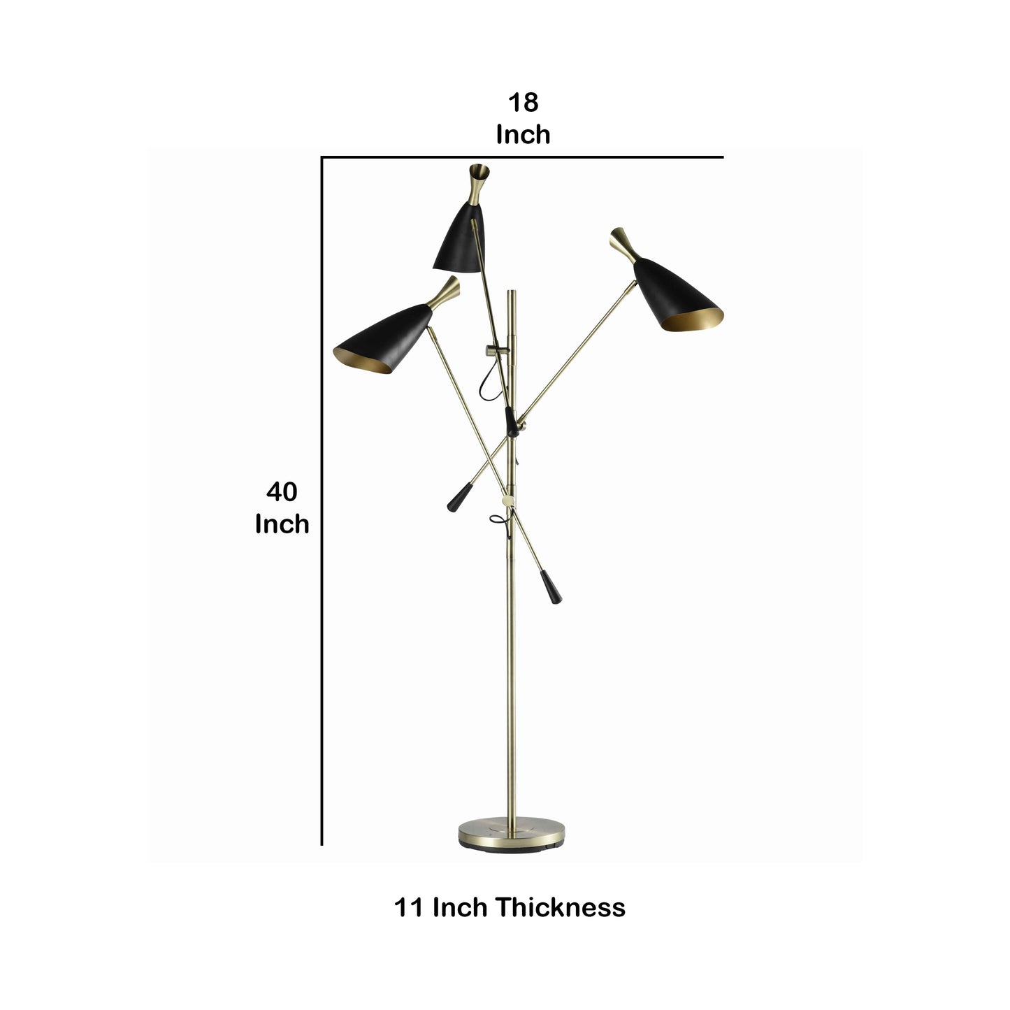 3 Light Metal Floor Lamp With Adjustable Height Black