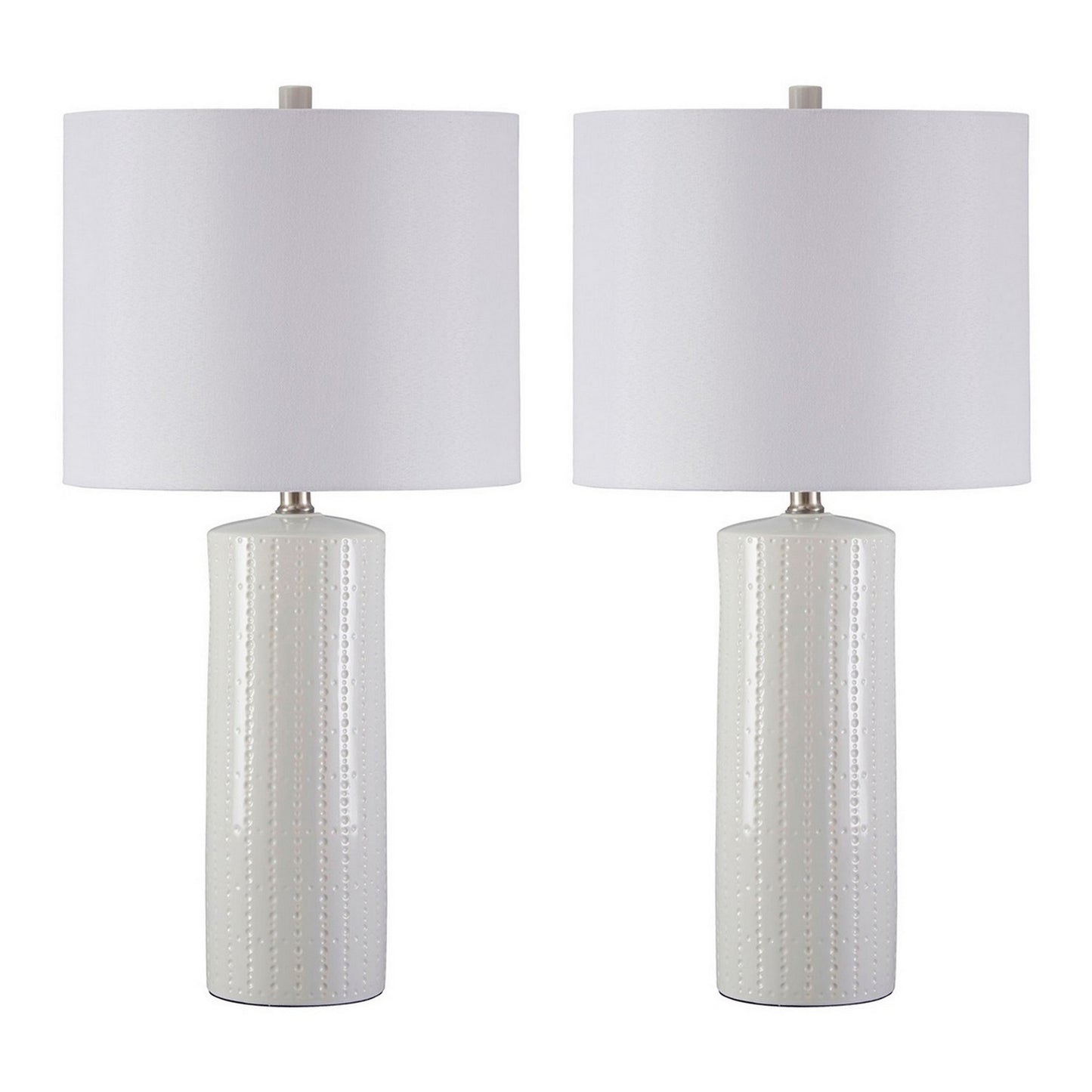 Carved Ceramic Base Table Lamp with Drum Shade Set of 2 White