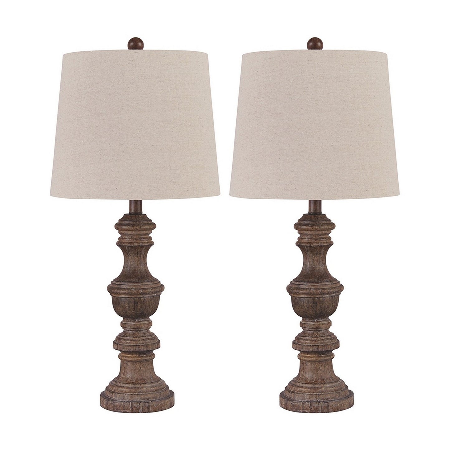 Tapered Fabric Shade Table Lamp with Turned Base Set of 2 Gray and Brown