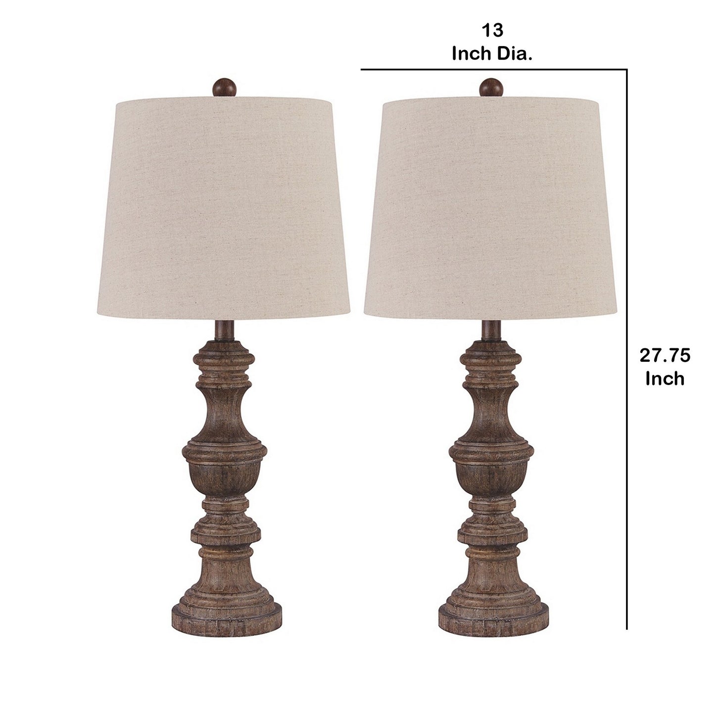 Tapered Fabric Shade Table Lamp with Turned Base Set of 2 Gray and Brown