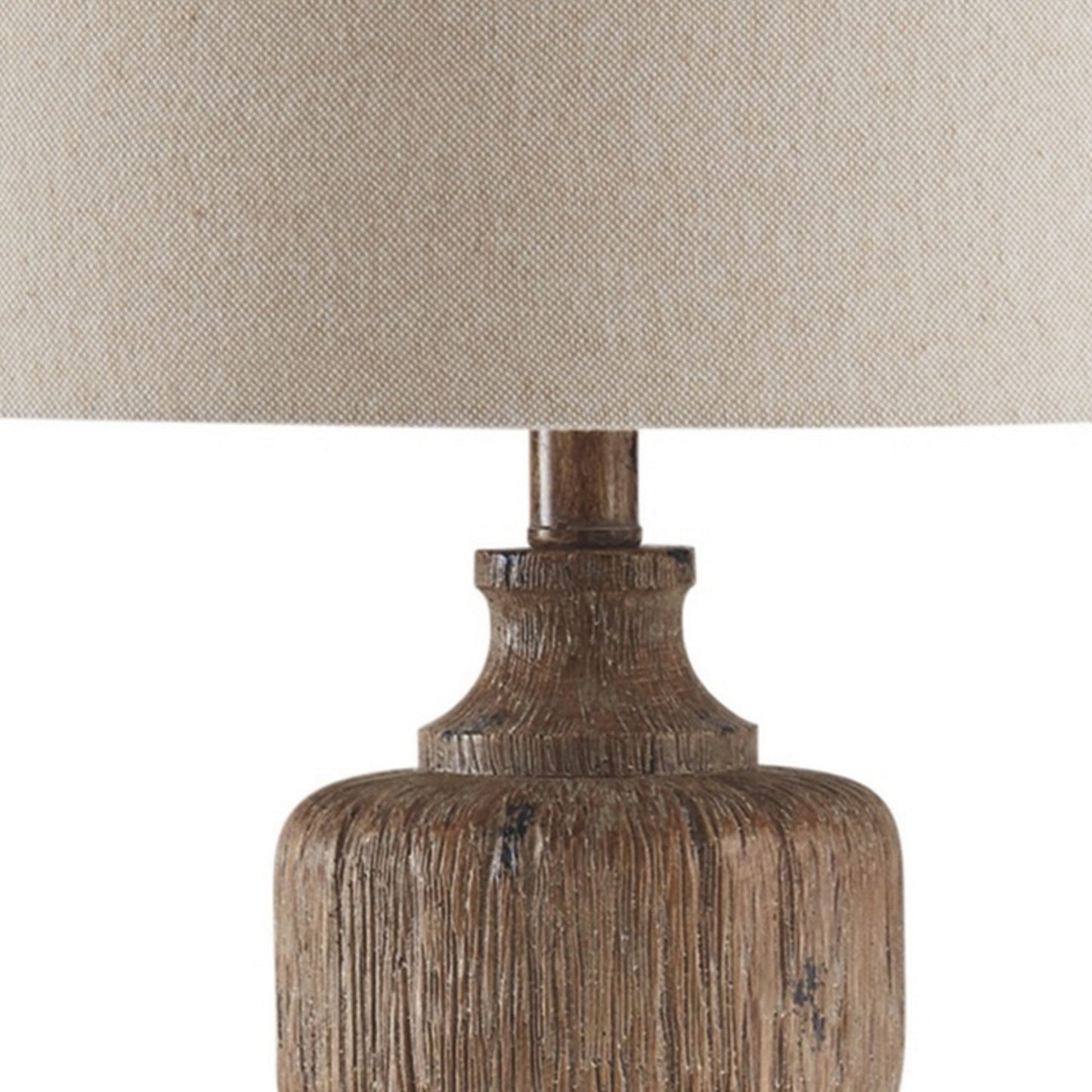 Polyresin Table Lamp with Turned Base and Fabric Shade Brown and Off White