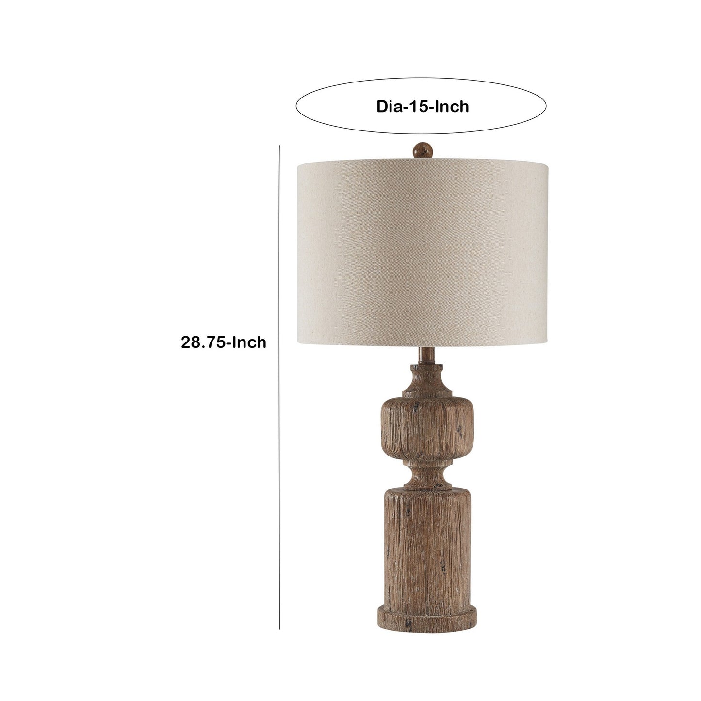 Polyresin Table Lamp with Turned Base and Fabric Shade Brown and Off White