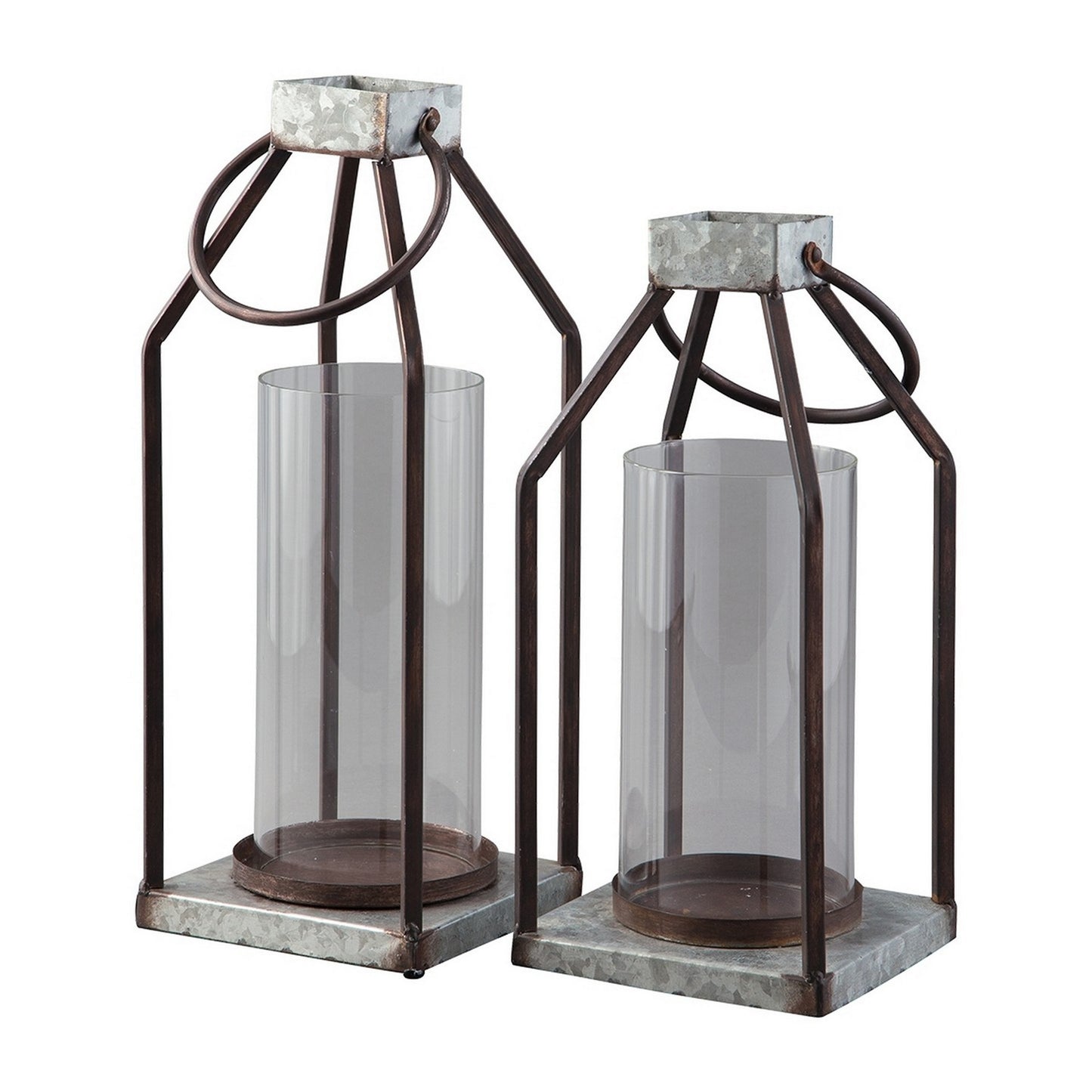 Geometric Lantern With Glass Hurricane Set Of 2 Black And Gray