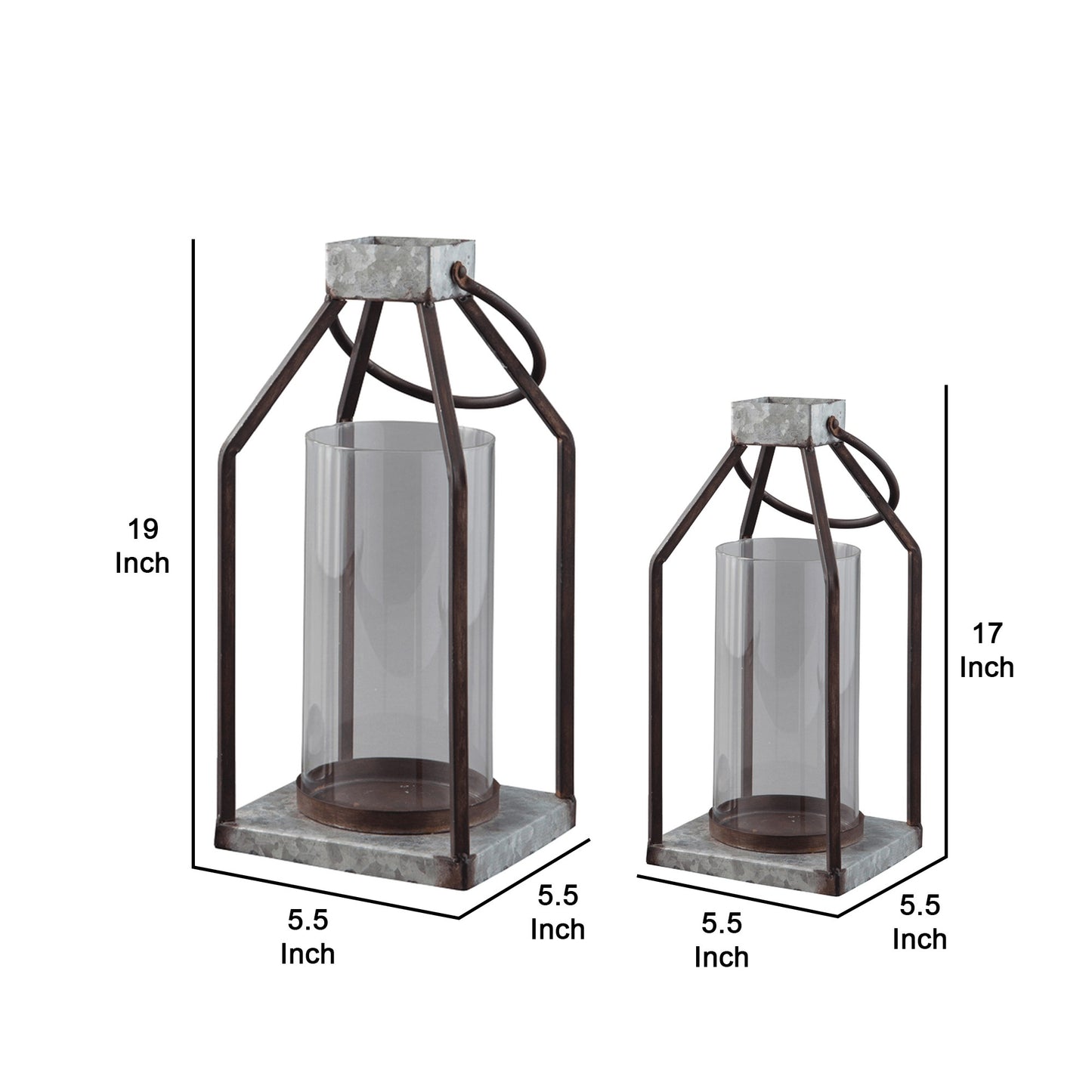 Geometric Lantern With Glass Hurricane Set Of 2 Black And Gray