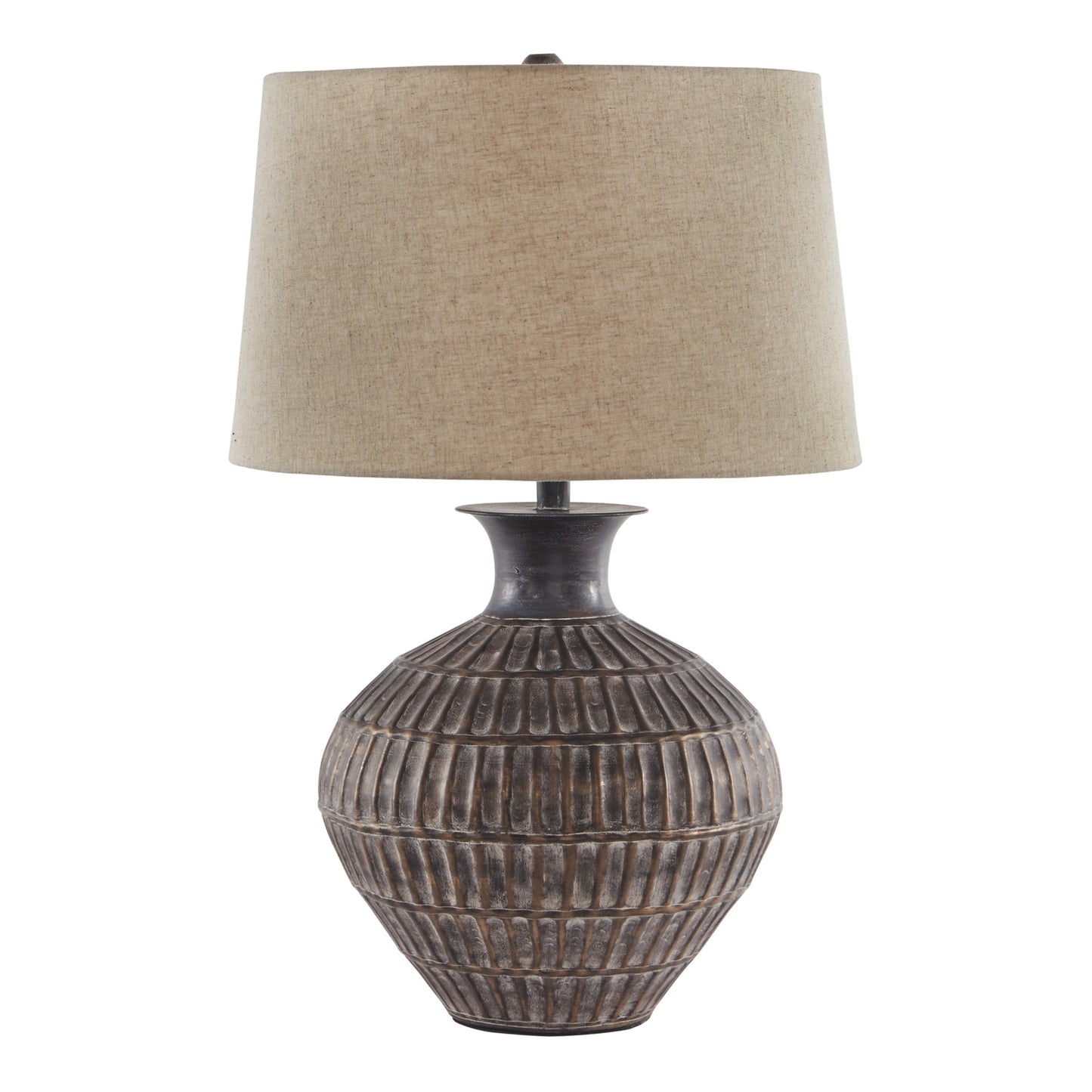 Metal Table Lamp with Bellied Embossed Vertical Lines Base Antique Bronze