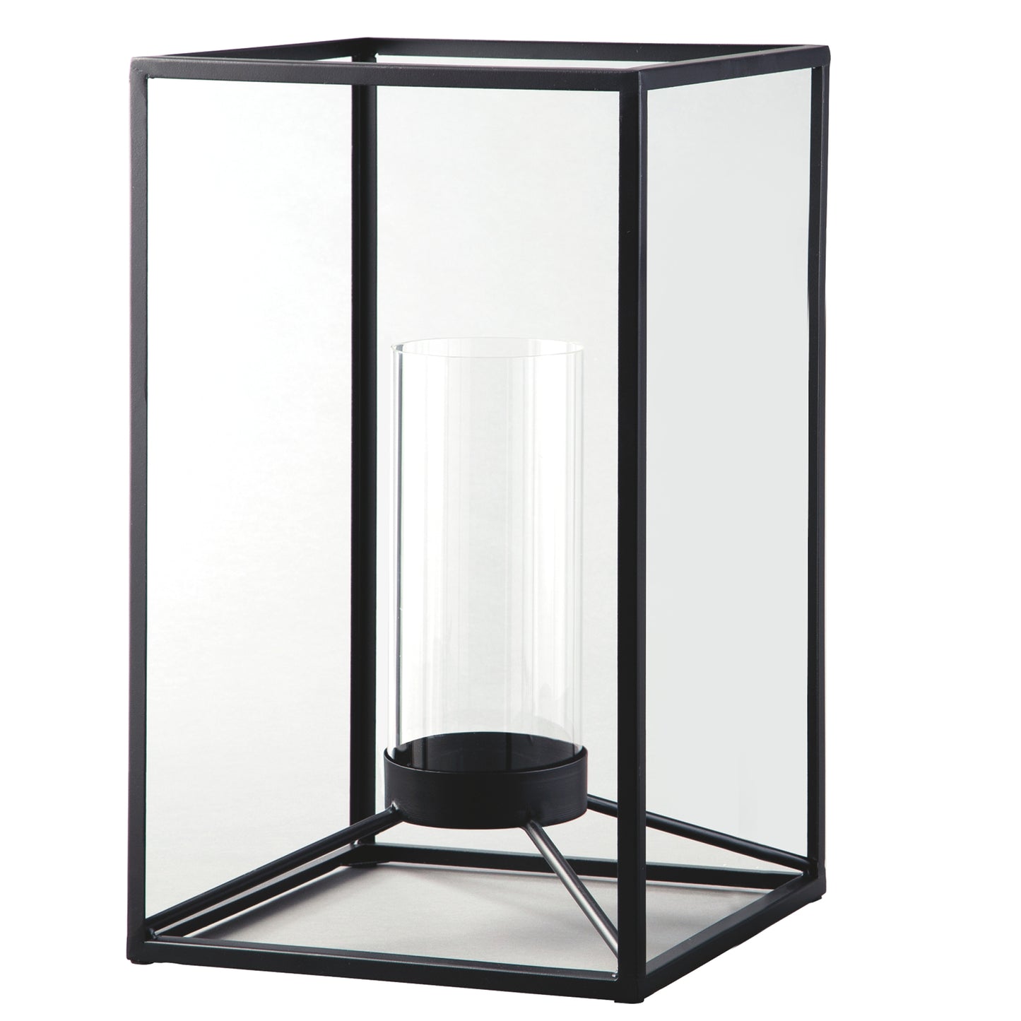 Metal Frame Lantern With Cylindrical Glass Hurricane Set Of 2 Black