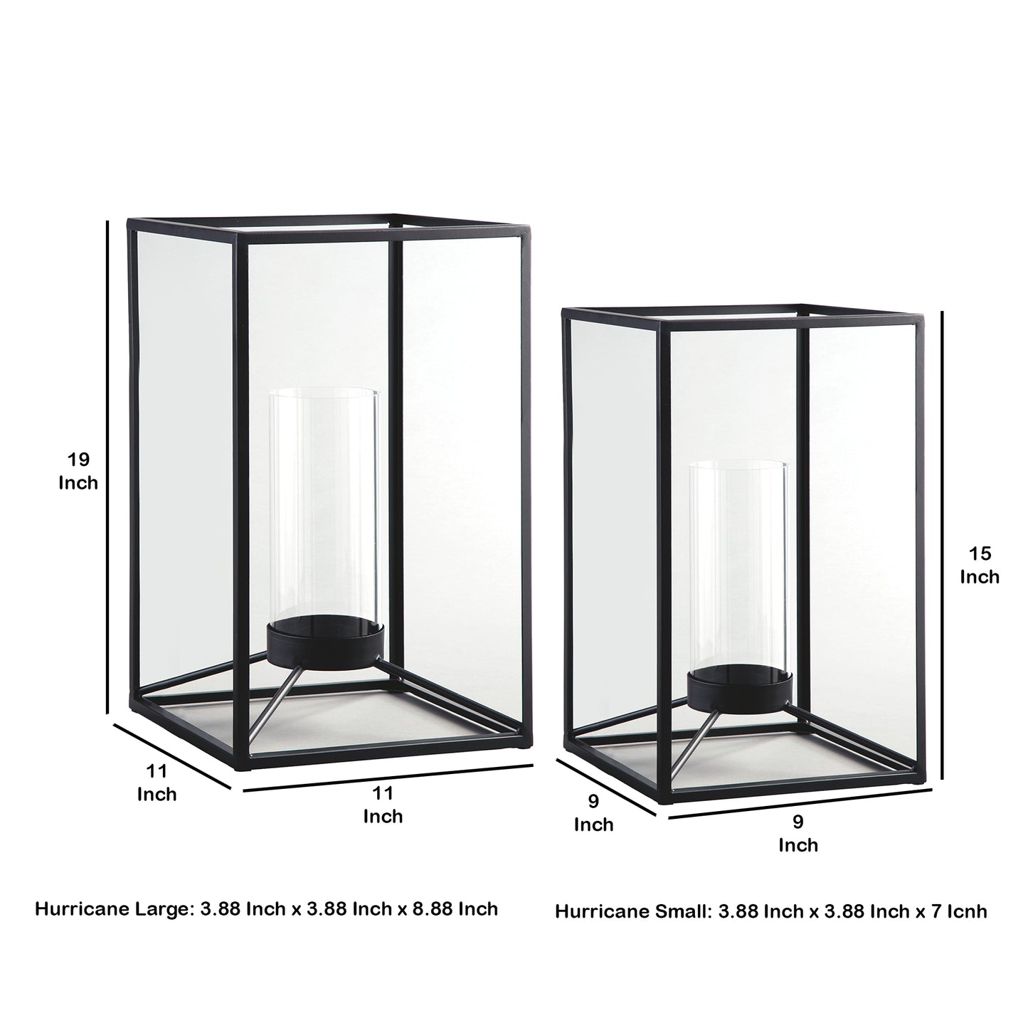 Metal Frame Lantern With Cylindrical Glass Hurricane Set Of 2 Black