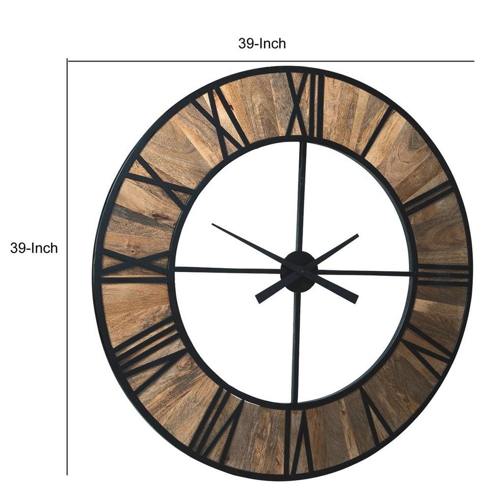 39 Inches Wood And Metal Wall Clock Brown And Black