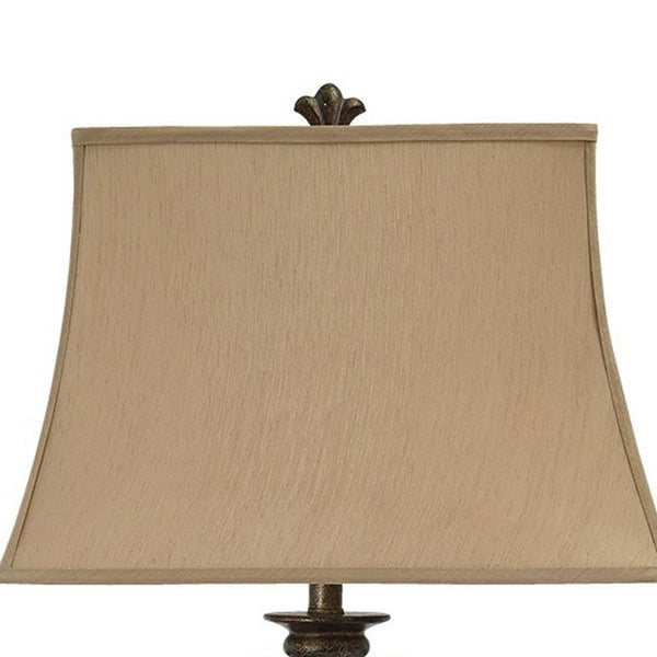 Bell Shape Fabric Shade Table Lamp with Floral Metal Base Beige and Bronze