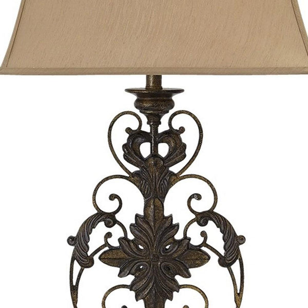 Bell Shape Fabric Shade Table Lamp with Floral Metal Base Beige and Bronze