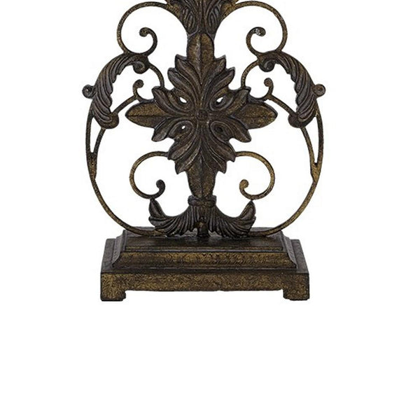 Bell Shape Fabric Shade Table Lamp with Floral Metal Base Beige and Bronze