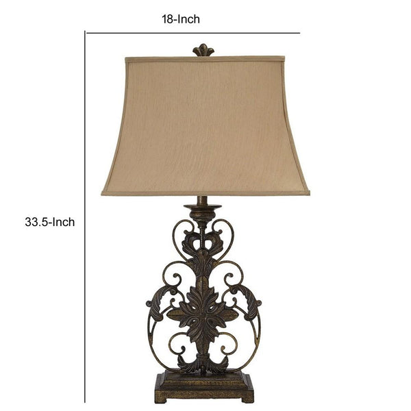 Bell Shape Fabric Shade Table Lamp with Floral Metal Base Beige and Bronze