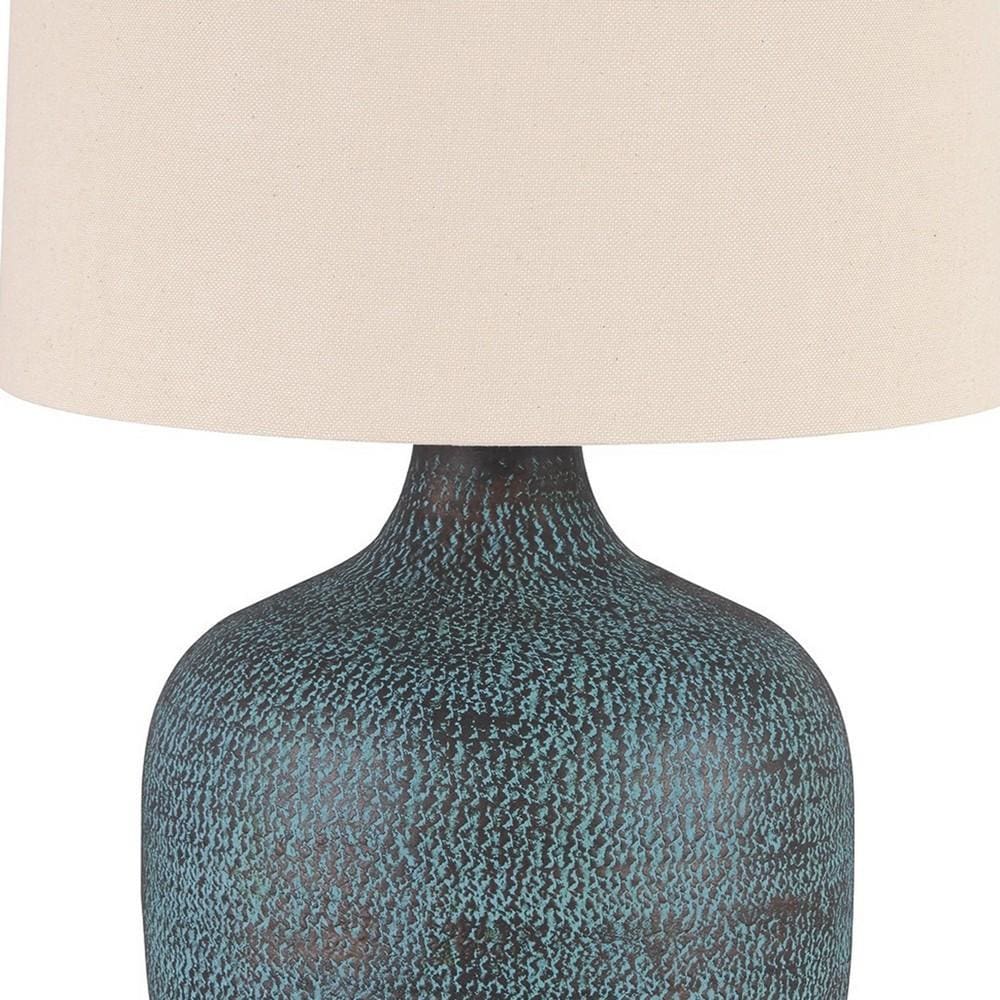 Fabric Shade Table Lamp with Gourd Base White and Blue