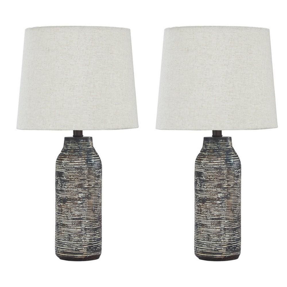 Fabric Shade Table Lamp with Textured Base Set of 2 White and Black