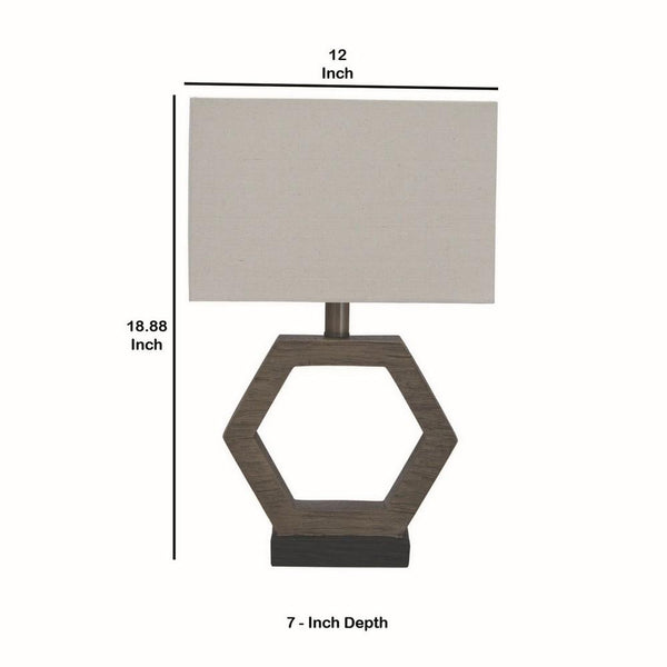 Hexagonal Wooden Base Table Lamp with rectangular Shade Brown and Gray