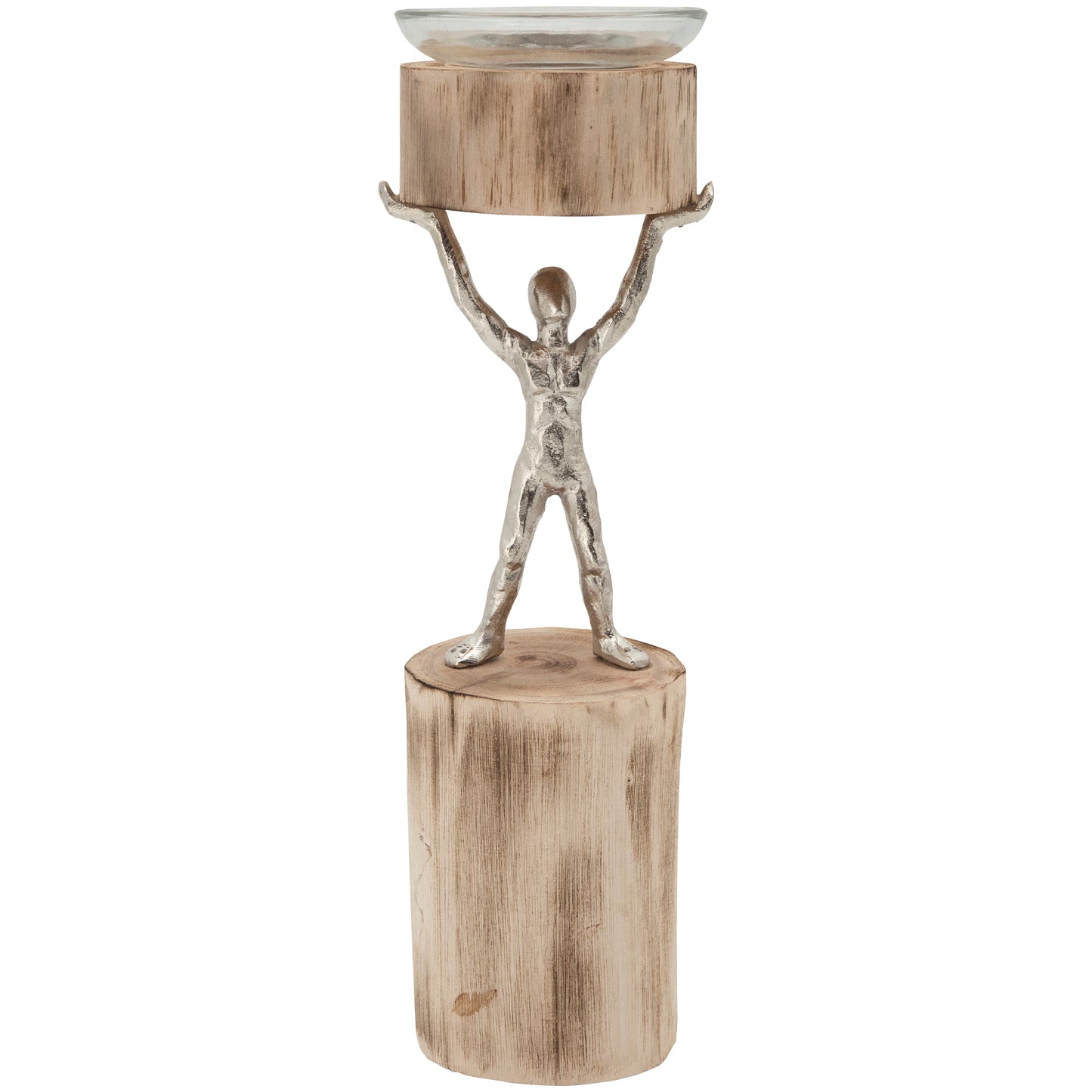 14 Inch Wooden Standing Man Candle Holder Brown And Silver